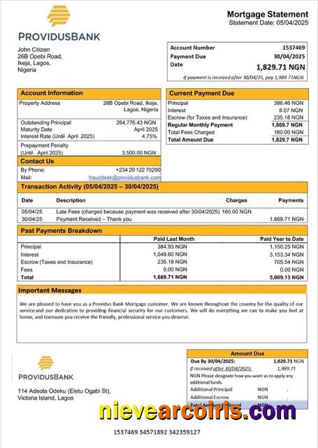Nigeria Providus Bank mortgage statement Word and PDF template